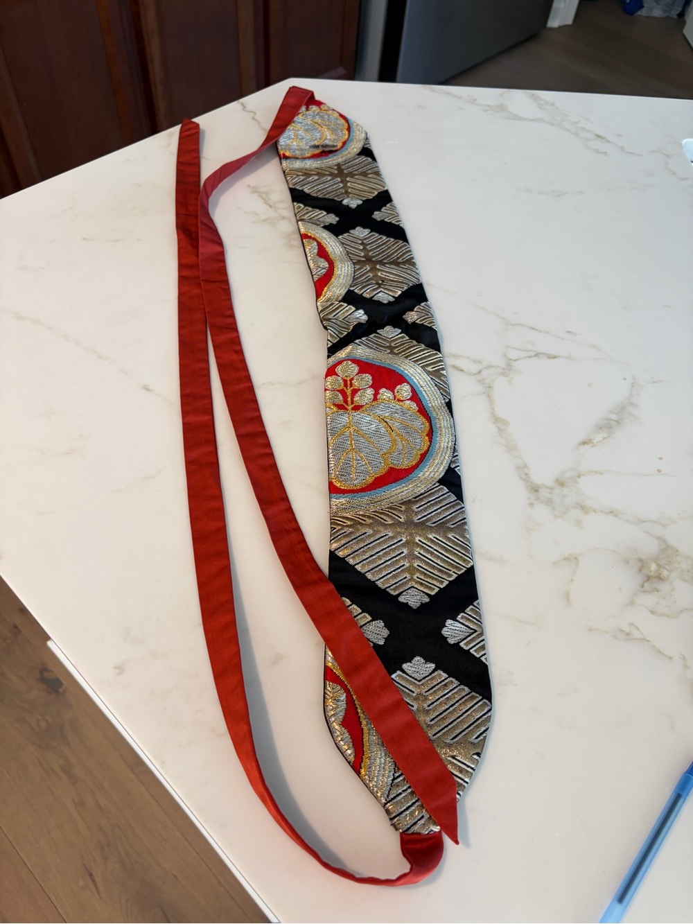 Black and Red Embroidered Obi-Style Sash Belt with Gold Accents